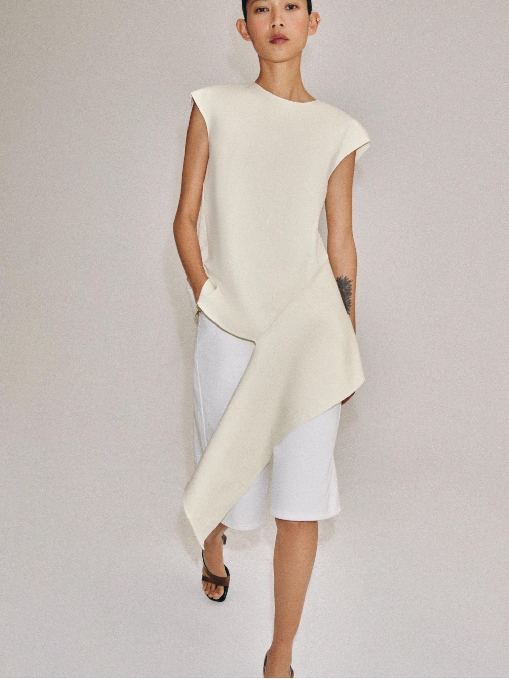 Zara Cream Asymmetrical Draped Tunic Dress
